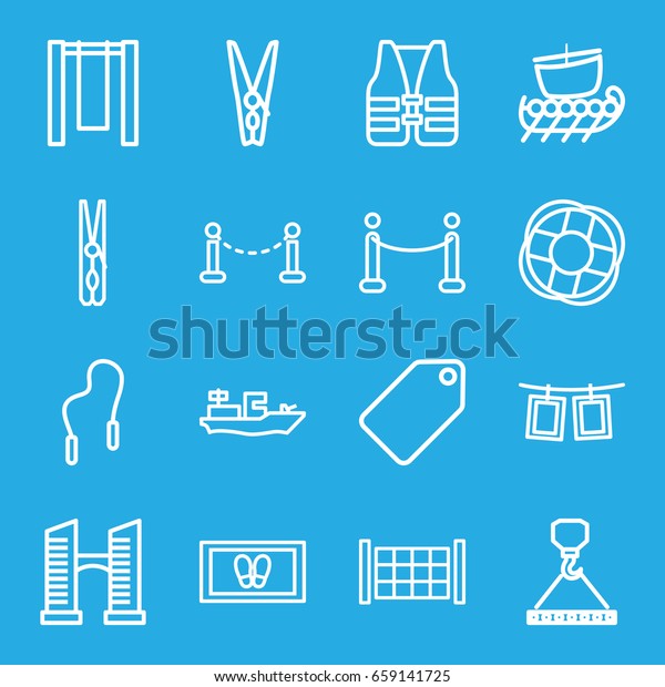 Rope icons set. set of 16 rope\
outline icons such as fence, bridge, tag, cloth pin, foot carpet,\
hook with cargo, red carpet, lifebuoy, life vest, water\
military