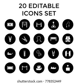 Rope icons. set of 20 editable filled rope icons such as fence, red carpet barrier, cloth pin, foot carpet, hook with cargo. best quality rope elements in trendy style.