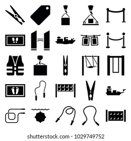 Rope icons. set of 25 editable filled rope icons such as fence, tag, red carpet barrier, cloth pin, foot carpet, hook with cargo, swing, life vest, water military