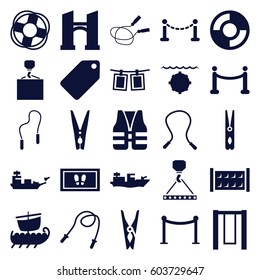 Rope icons set. set of 25 rope filled icons such as fence, bridge, tag, Red carpet barrier, cloth pin, foot carpet, hook with cargo, red carpet, lifebuoy, life vest