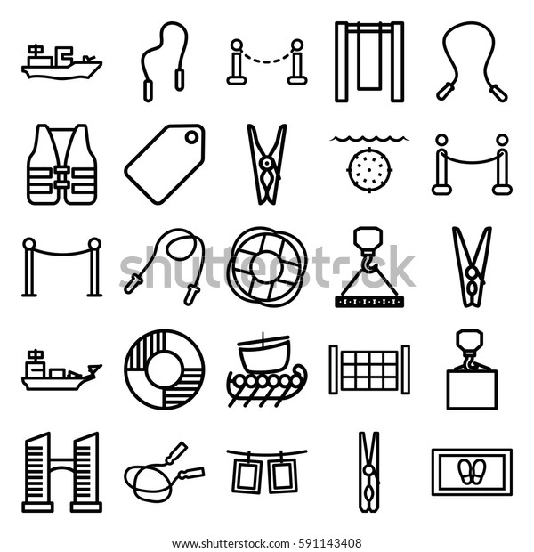 rope icons set. Set of 25\
rope outline icons such as fence, bridge, tag, Red carpet barrier,\
cloth pin, foot carpet, hook with cargo, red carpet, lifebuoy, life\
vest
