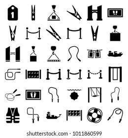 Rope icons. set of 36 editable filled rope icons such as fence, bridge, red carpet barrier, cloth pin, foot carpet, hook with cargo, swing, red carpet, lifebuoy, life vest