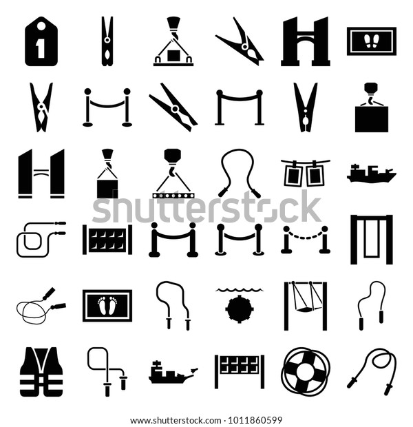 Rope icons. set of 36\
editable filled rope icons such as fence, bridge, red carpet\
barrier, cloth pin, foot carpet, hook with cargo, swing, red\
carpet, lifebuoy, life\
vest