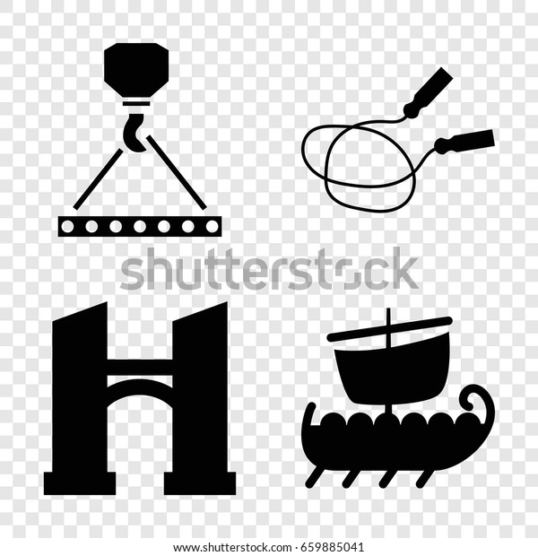 Rope icons set. set of 4 rope filled\
icons such as bridge, jump rope, hook with\
cargo