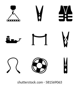 rope icons set. Set of 9 rope filled icons such as Red carpet barrier, cloth pin, hook with cargo, lifebuoy, life vest, water military
