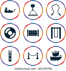 rope icons set. Set of 9 rope filled icons such as fence, cloth pin, hook with cargo, lifebuoy, water military, skipping rope
