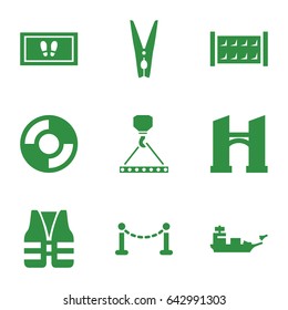 Rope icons set. set of 9 rope filled icons such as fence, bridge, foot carpet, hook with cargo, cloth pin, lifebuoy, life vest