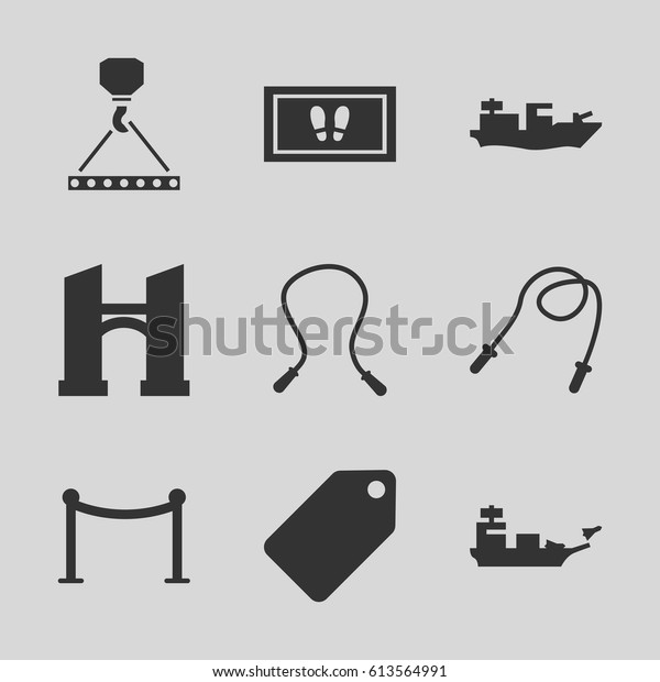 Rope icons set. set of 9 rope filled icons such\
as bridge, tag, Red carpet barrier, foot carpet, hook with cargo,\
water military