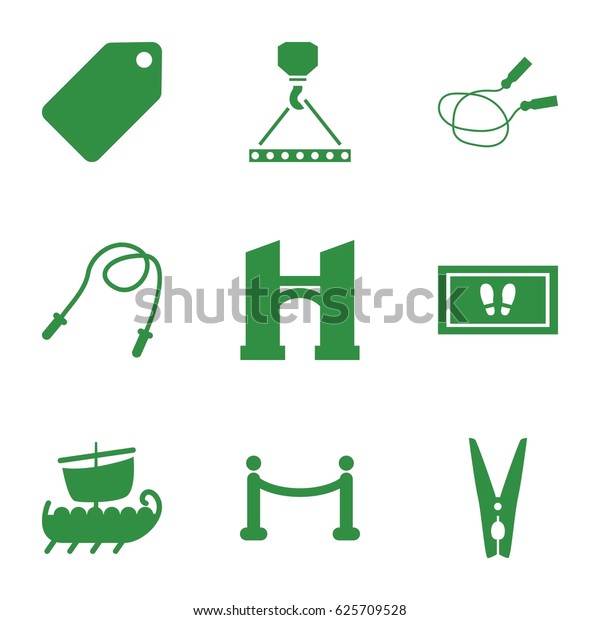 Rope icons\
set. set of 9 rope filled icons such as bridge, tag, foot carpet,\
hook with cargo, cloth pin, red\
carpet