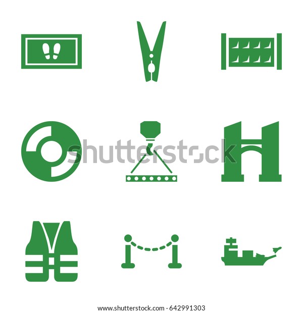 Rope icons set. set of 9 rope filled icons such as\
fence, bridge, foot carpet, hook with cargo, cloth pin, lifebuoy,\
life vest
