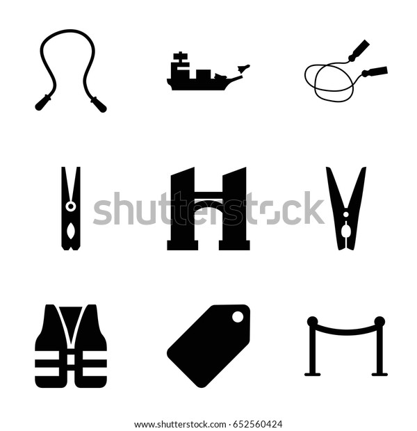 Rope icons set. set\
of 9 rope filled icons such as bridge, tag, red carpet barrier,\
cloth pin, life vest