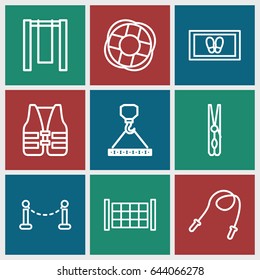 Rope icons set. set of 9 rope outline icons such as fence, cloth pin, foot carpet, hook with cargo, lifebuoy, life vest, swing