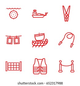 Rope icons set. set of 9 rope outline icons such as fence, cloth pin, red carpet, life vest