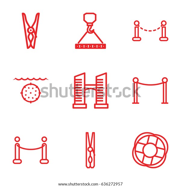 Rope icons set. set of 9 rope outline icons such\
as fence, bridge, red carpet barrier, cloth pin, hook with cargo,\
red carpet, lifebuoy