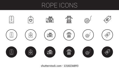 rope icons set. Collection of rope with tag, gym, wool ball. Editable and scalable rope icons.