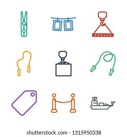 rope icons. Trendy 9 rope icons. Contain icons such as water military, red carpet, tag, skipping rope, hook with cargo, photos on cloth pin. icon for web and mobile.