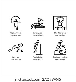 Rope jumping, Bench press, Shoulder press, Push up, Parallel dips, Stationary cycling, icon