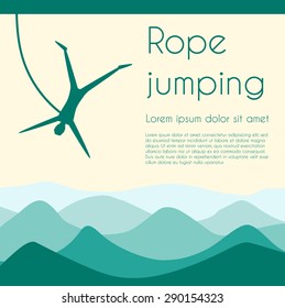 Rope jumping. Bungee jumping. Extreme sports. Silhouette person jumping on rope on mountains background. Vector illustration.