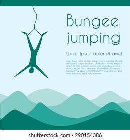 Rope jumping. Bungee jumping. Extreme sports. Silhouette person jumping on rope on mountains background. Vector illustration.