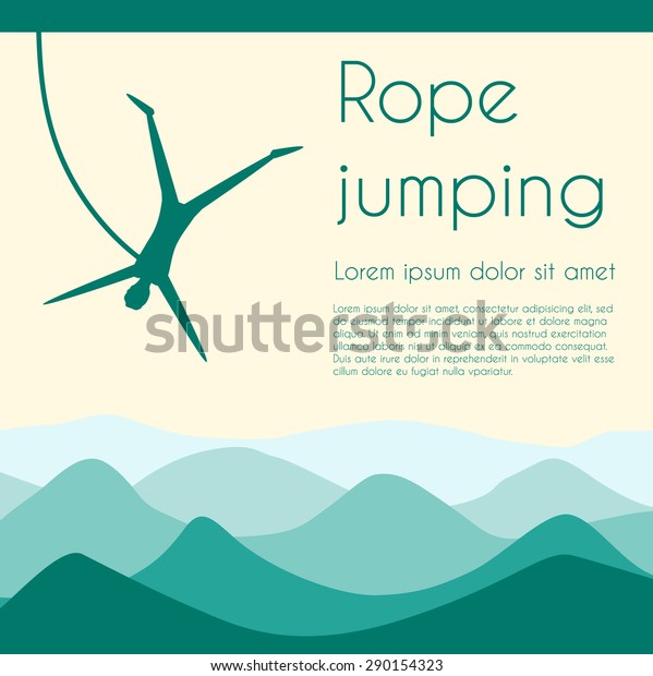 Rope jumping. Bungee jumping. Extreme\
sports. Silhouette person jumping on rope on mountains background.\
Vector illustration.