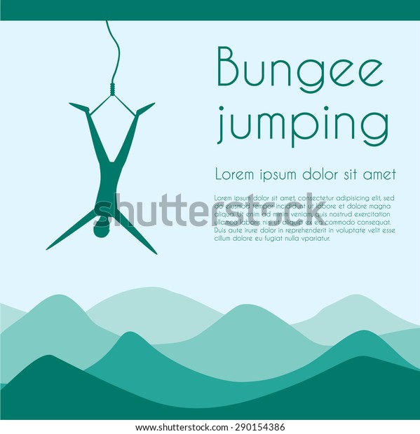 Rope jumping. Bungee jumping. Extreme\
sports. Silhouette person jumping on rope on mountains background.\
Vector illustration.