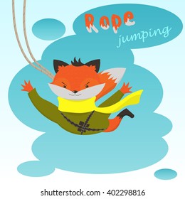 Rope jumping: cute cartoon Fox jumping with a rope on a background of clouds