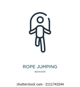 Icono de línea delgada que salta la cuerda. ejercicio, iconos lineales deportivos del concepto de comportamiento signo de contorno aislado. Elemento de símbolo de ilustración vectorial para diseño web y aplicaciones.