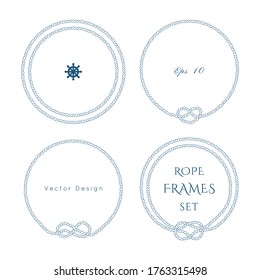 Rope knot border vector designs set. Isolated Marine frame in blue and white colors. Hand drawn ornaments in nautical style. Good for poster, t-shirt, card, 
menu, business identity, wedding invite.