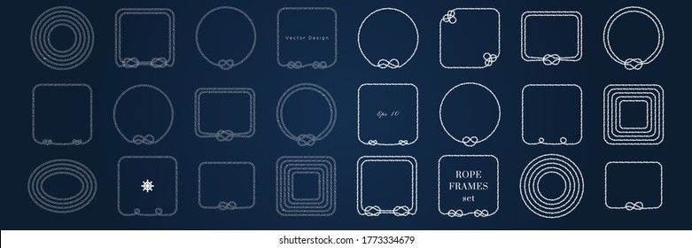 Diseños vectoriales de borde de nudo de punta establecidos. Marco marino aislado en colores azul y blanco. Ornamentos dibujados a mano en estilo náutico. Bien por el afiche, la camiseta, la tarjeta, 
, identidad de negocio, invitación de boda.