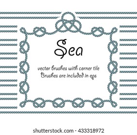 Rope with knot frame. Sea themed border. Vector rope decorative brush with corner tile. Nautical background