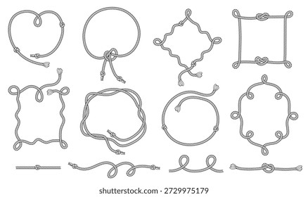 Rope knot frame with square, heart and circle shapes for marine label, nautical branding and vintage invitation card. Hand drawn twisted cable decorative badge, maritime banner isolated vector set.