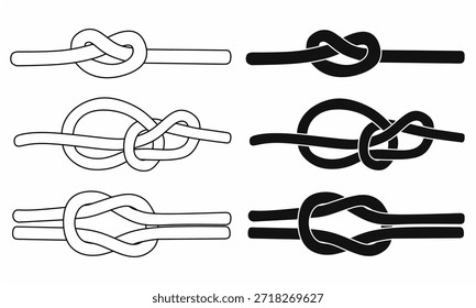 Seilknotensymbol mit Überhand-, Bowline- und Vierkantknoten in Linie, Umriss und Silhouette, für Segeln, Klettern, Camping, Sicherheitsführer und Diagramme. einzeln auf weißem Hintergrund.Vektorgrafik