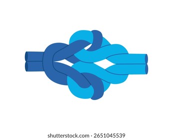 Nó de corda. Dois cordões coloridos amarrados juntos. Tranças decorativas, laços do mar. Ilustração vetorial desenhada à mão isolada sobre fundo branco, estilo de desenho animado plano moderno.