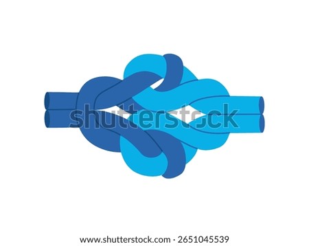 Rope knot. Two colored cords tied together. Decorative braiding, sea loops. Hand drawn vector illustration isolated on white background, modern flat cartoon style.