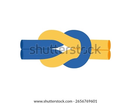 Rope knot. Two colored cords tied together. Decorative braiding, sea loops. Hand drawn vector illustration isolated on white background, modern flat cartoon style.