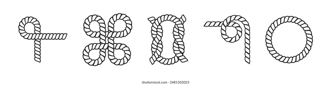 Rope knot vector collection. Braided cord curve set.