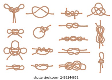 Rope knots. Brown twine loops. Strong reliable connections. Nautical tied cord shapes. Jute lasso bow. Braided cable. Tangled ship threads. Decorative and functional