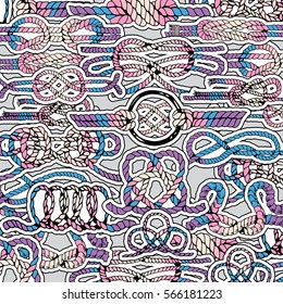 Rope Knots Collage. Hand Drawn Decorative elements. Vector illustration with different Hitches and Bends.