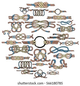 Rope Knots Collection in Circle. Hand Drawn Decorative elements. Vector illustration with different Hitches and Bends.