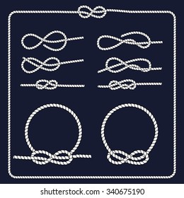 Rope knots collection. Decorative elements. Vector illustration. Marine rope knot. Vector Rope. Set of nautical rope knots, corners and frames.