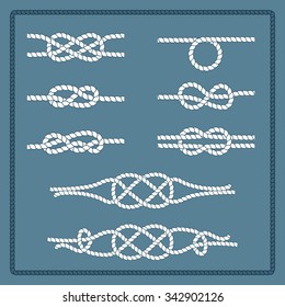 Rope knots collection. Decorative elements. Vector illustration. Marine rope knot. Vector Rope. Set of nautical rope knots, corners and frames. Hand drawn decorative elements in nautical style.