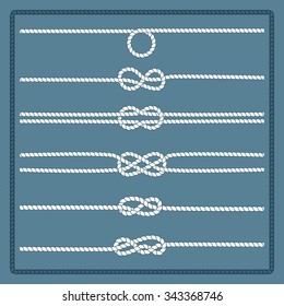 Rope knots collection. Decorative elements. Vector illustration. Marine rope knot. Vector Rope. Set of nautical rope knots, corners and frames. Hand drawn decorative elements in nautical style.