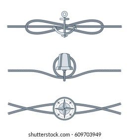 Rope knots collection with decorative elements on white background. Vector illustration of marine cordage unit with mariner's compass, silver bell and submarine anchor. Drawn pattern nautical style.
