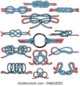 Kollektion Knots anzeigen Handgezeichnete Dekorationselemente. Vektorillustration mit verschiedenen Anschlägen und Kurven.