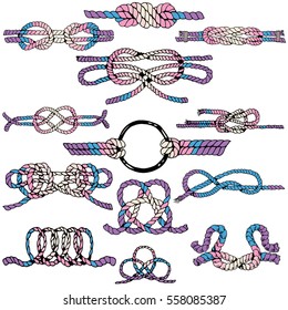 Rope Knots Collection. Hand Drawn Decorative elements. Vector illustration with different hitches and bends.