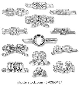 Rope Knots Collection. Hand Drawn Decorative elements. Vector illustration with different hitches and bends.