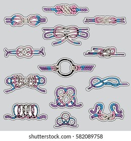 Rope Knots Collection. Hand Drawn Decorative elements. Vector illustration with different hitches and bends.