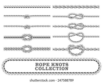 Rope knots collection. Overhand, Figure of eight and square knot. Seamless decorative elements. Vector illustration.