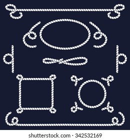 Rope knots collection. Rope swirls, logos and badges. Vector illustration. Marine rope knot. Vector Rope. Set of nautical rope knots, corners and frames. Decorative elements in nautical style.