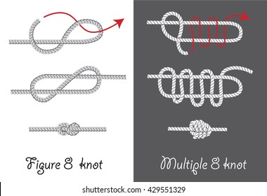 Rope knots. How to tie eight and multiple eight knots instruction. Vector illustration.